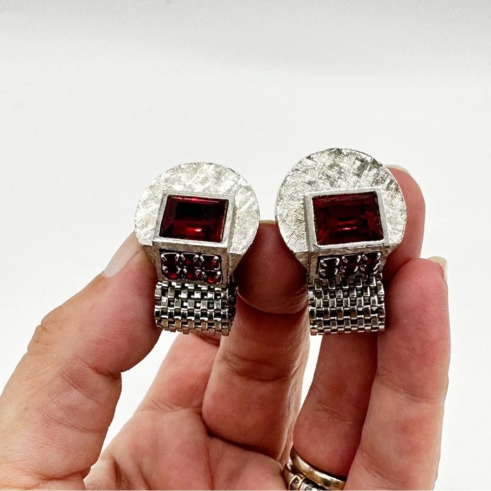 Vintage Mesh Brushed Silver Tone Red Jeweled Cufflinks